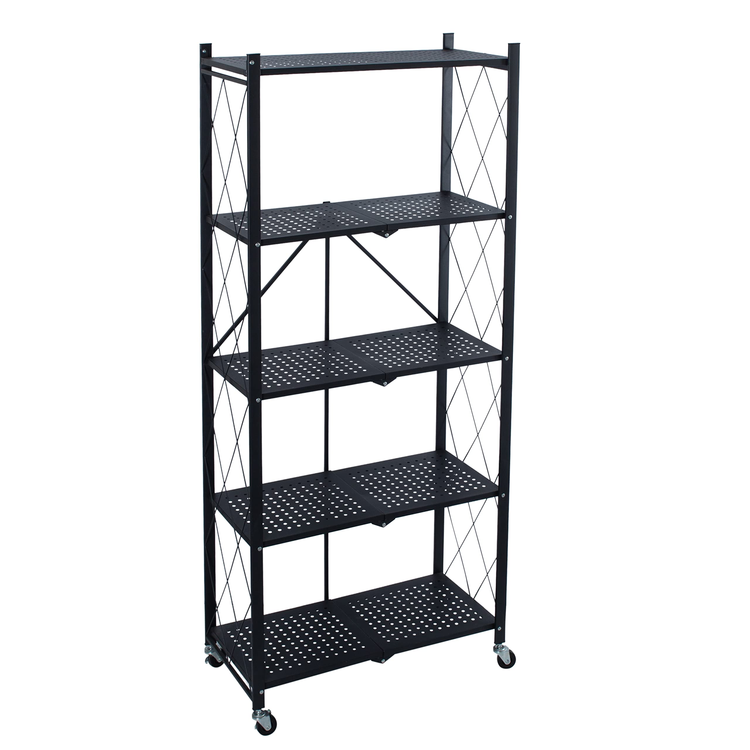 Organize It All Foldable Metal Rack with Wheels | Dimensions: 27.875"x 13.25"x 63.28"| 5 Tier | Holds Maximum 440 Pounds | Home Organization | Black