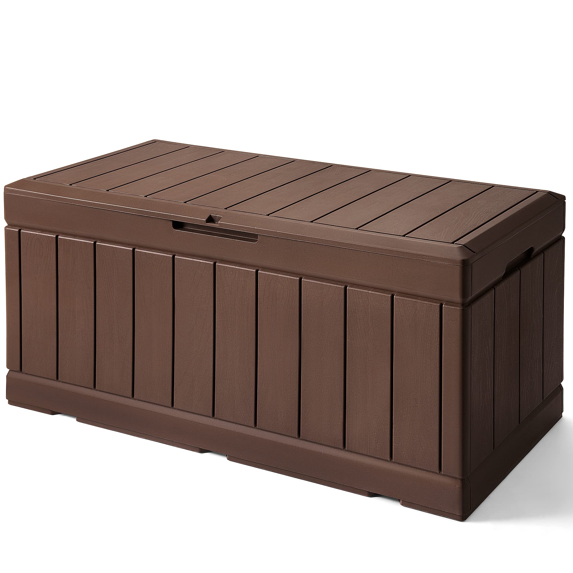 GUNJI 83 Gallon Storage Box Outdoor Waterproof Large Resin Deck Box Patio Storage Bench Lockable Storage Container for Outdoor Cushions, Garden Tools and Pool Supplies (Brown)