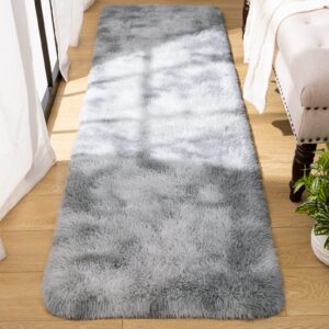 Maxsoft Runner Rug for Bedroom, 2x6 Feet Soft Shaggy Area Rugs Fluffy Carpet for Hallway Bedside, Upgrade Non-Slip Shag Plush Rug for Dorm Living Room, Tie-Dyed Light Grey