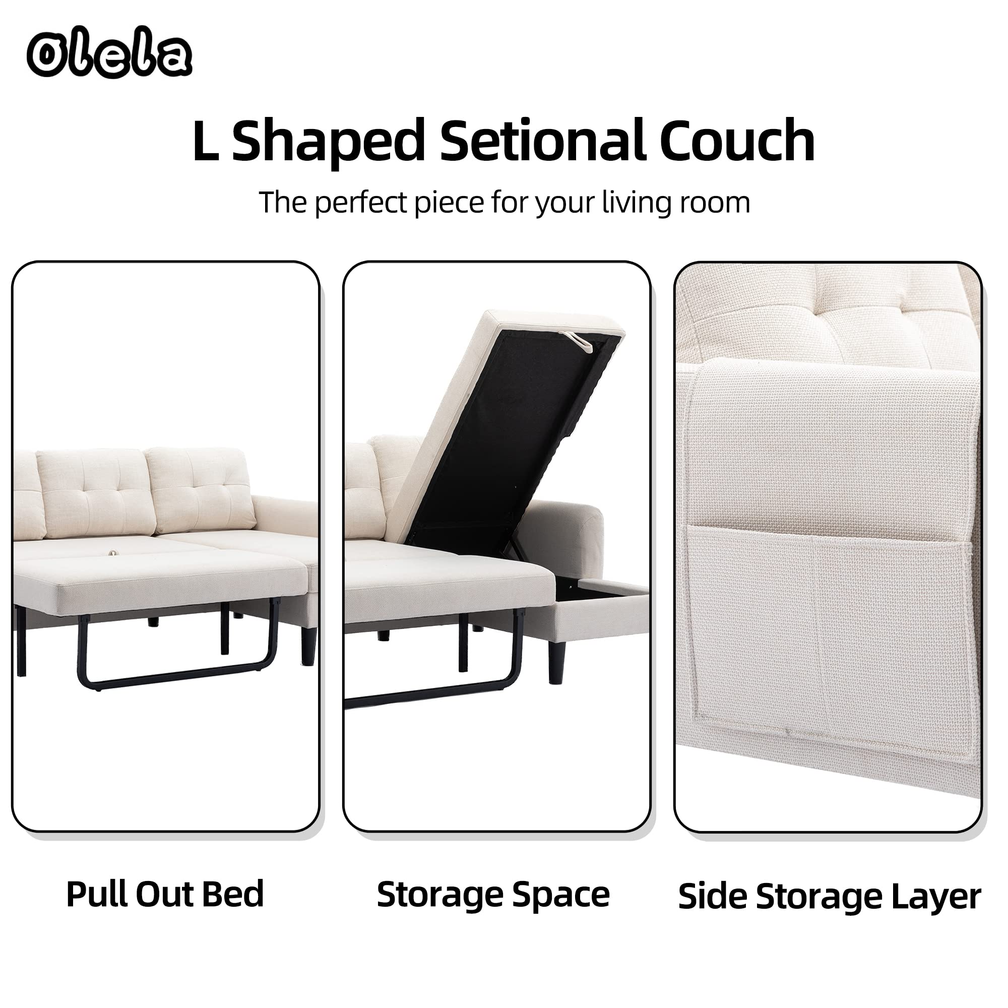 Olela Pull Out Sleeper Sofa Couch,Linen Convertible Sofa Bed L Shape Sectional Sofa with Storage Chaise and Pocket for Living Room (Beige-Tufted Back)