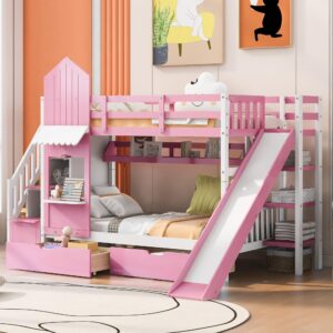 siysnksi twin-over-twin castle style bunk bed with 2 drawers and 3 shelves, wood bunk bed frame with slide and storage staircase for kids teens boys girls, maximize space savings (pink-twin-3)