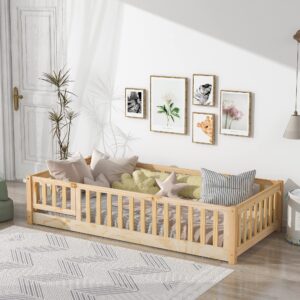 Twin Size Floor Bed Frame for Kids Wood Montessori Floor Beds with Fence Railings & Support Slats, Twin Playhouse Bed for Boys Girls, No Box Spring Needed, Natural