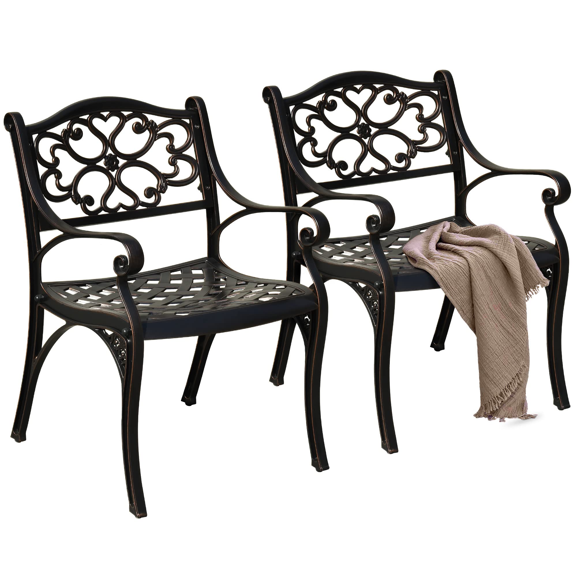 DWVO Set of 2 Outdoor Cast Aluminum Outdoor Chairs with Armrest, All-Weather Patio Dining Chair with Adjustable Feet for Balcony, Backyard, Deck, Garden, Hammered Bronze