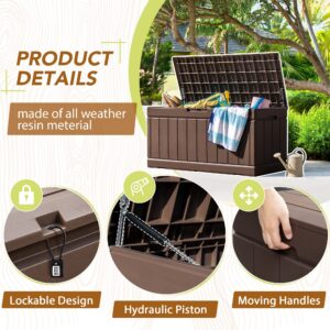 GUNJI 83 Gallon Storage Box Outdoor Waterproof Large Resin Deck Box Patio Storage Bench Lockable Storage Container for Outdoor Cushions, Garden Tools and Pool Supplies (Brown)