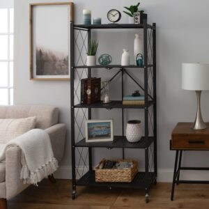 Organize It All Foldable Metal Rack with Wheels | Dimensions: 27.875"x 13.25"x 63.28"| 5 Tier | Holds Maximum 440 Pounds | Home Organization | Black