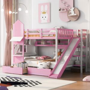 kids bunk bed with stairs and slide, wood full over full bunk bed with storage drawers and shelves, castle style bunk beds for kids teens girls boys, pink