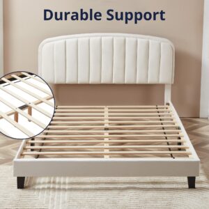 Cozy Castle Queen Size Bed Frame Upholstered Velvet Platform Bed with Adjustable Headboard, Wood Slat Support, No Box Spring Needed, Easy Assembly, White