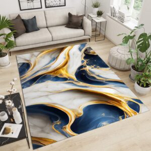 blue gold white marble area rugs, machine washable entrance carpet, living room carpet fuzzy plush soft with non-slip backing apply to office family and pet farmhouse,5×8ft/150 * 240cm