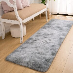 Maxsoft Runner Rug for Bedroom, 2x6 Feet Soft Shaggy Area Rugs Fluffy Carpet for Hallway Bedside, Upgrade Non-Slip Shag Plush Rug for Dorm Living Room, Tie-Dyed Light Grey