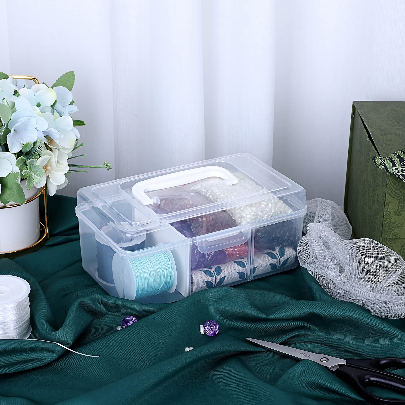 BTSKY Portable Small Storage Box with Flap Lid Clear Plastic Dividing Storage Container with Removable Inserts Multipurpose Plastic Sewing Box Craft Box for Beads, Threads, Stationery, Art Supplies