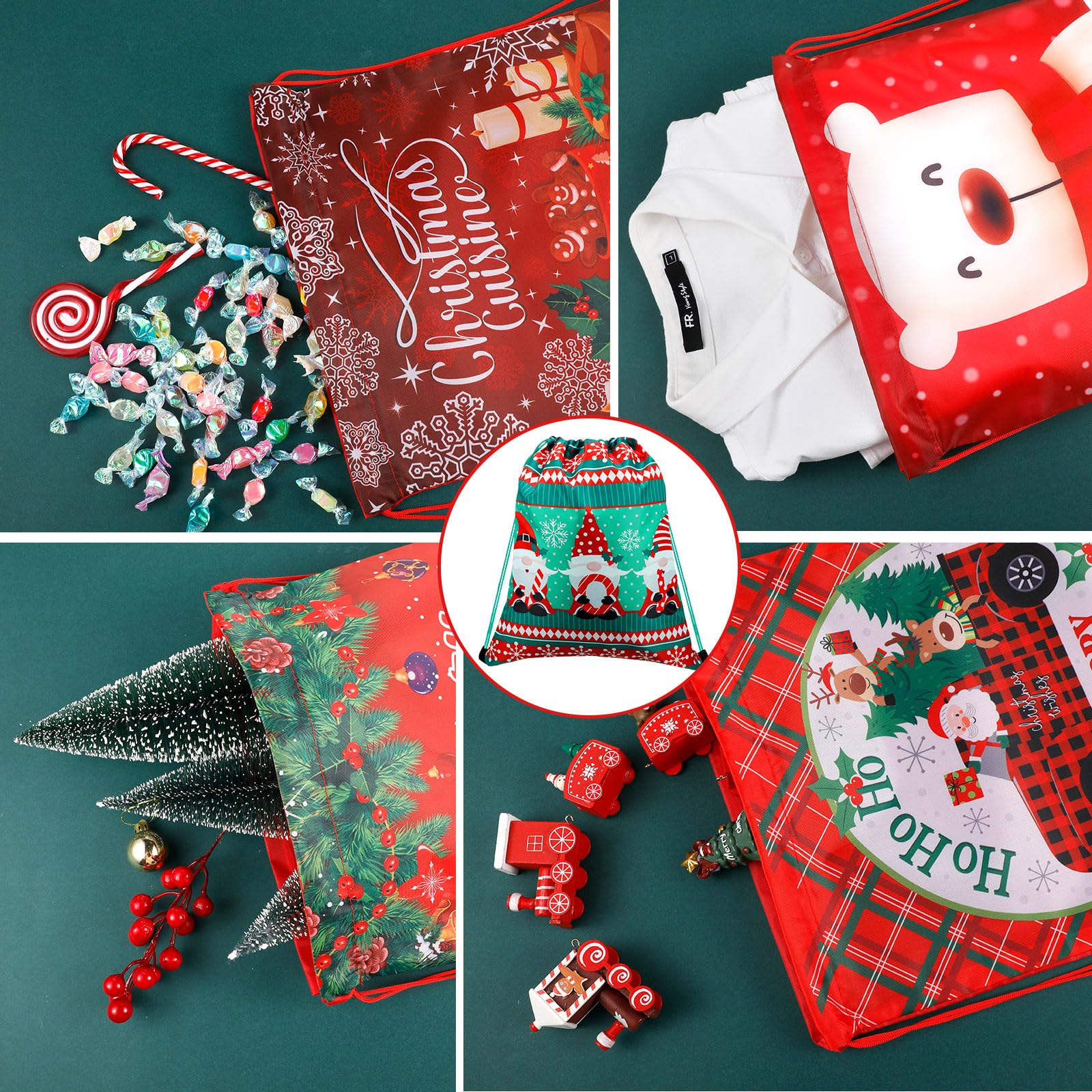 Buryeah 32 Pieces Christmas Drawstring Gift Bags 13.7 x 11.8'' Santa Treat Bag Assorted Styles Wrapping Bag Reusable Xmas Snowman Tree Christmas Bags Bulk for Kids Holiday Party Favor Supplies Gifts