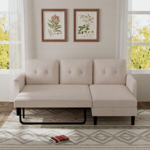 Olela Pull Out Sleeper Sofa Couch,Linen Convertible Sofa Bed L Shape Sectional Sofa with Storage Chaise and Pocket for Living Room (Beige-Tufted Back)