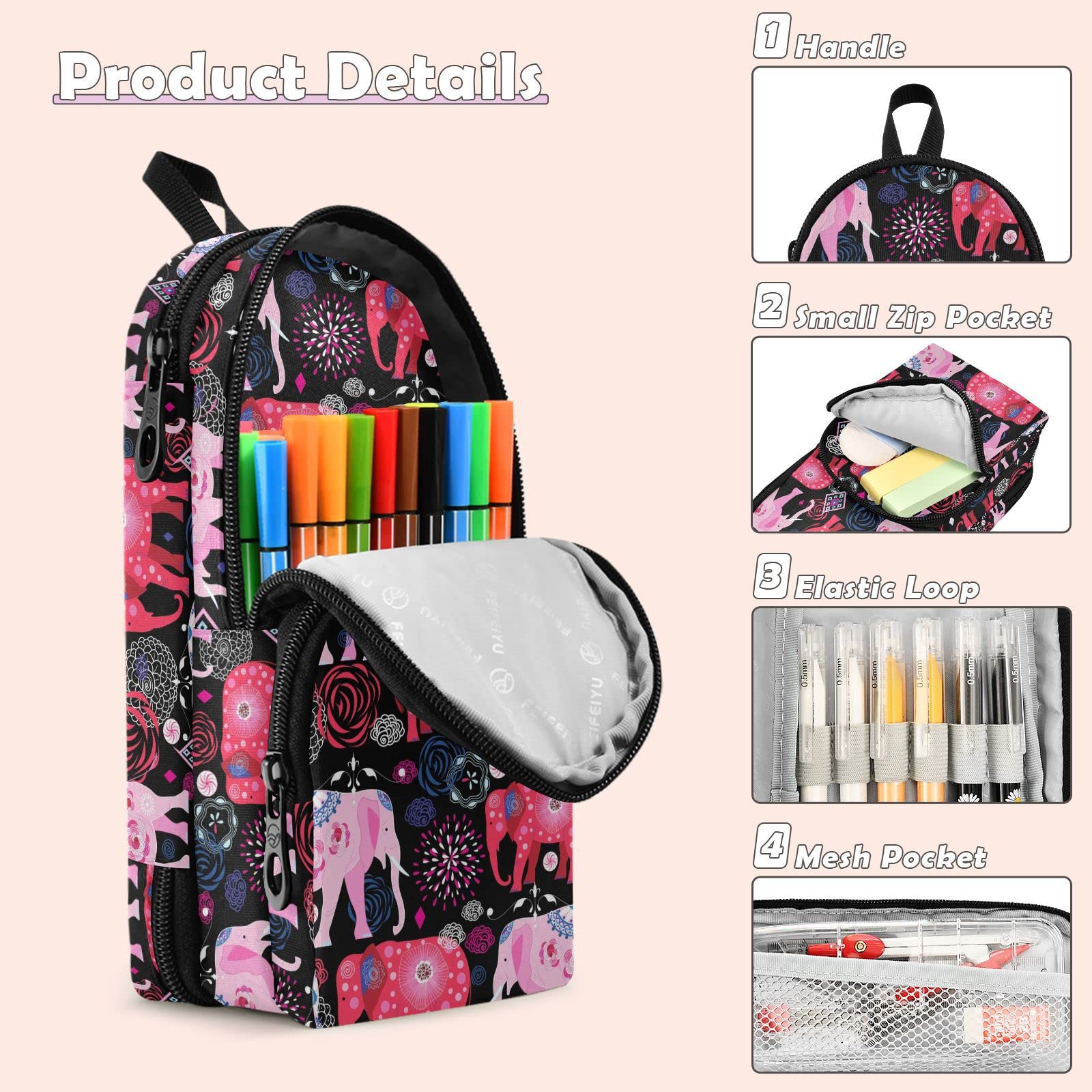 Elephants Pencil Case Big Capacity Pencil Pouch for Girls Boys Large Storage Pen Case for Middle High School College Office Student Women Adult Teen