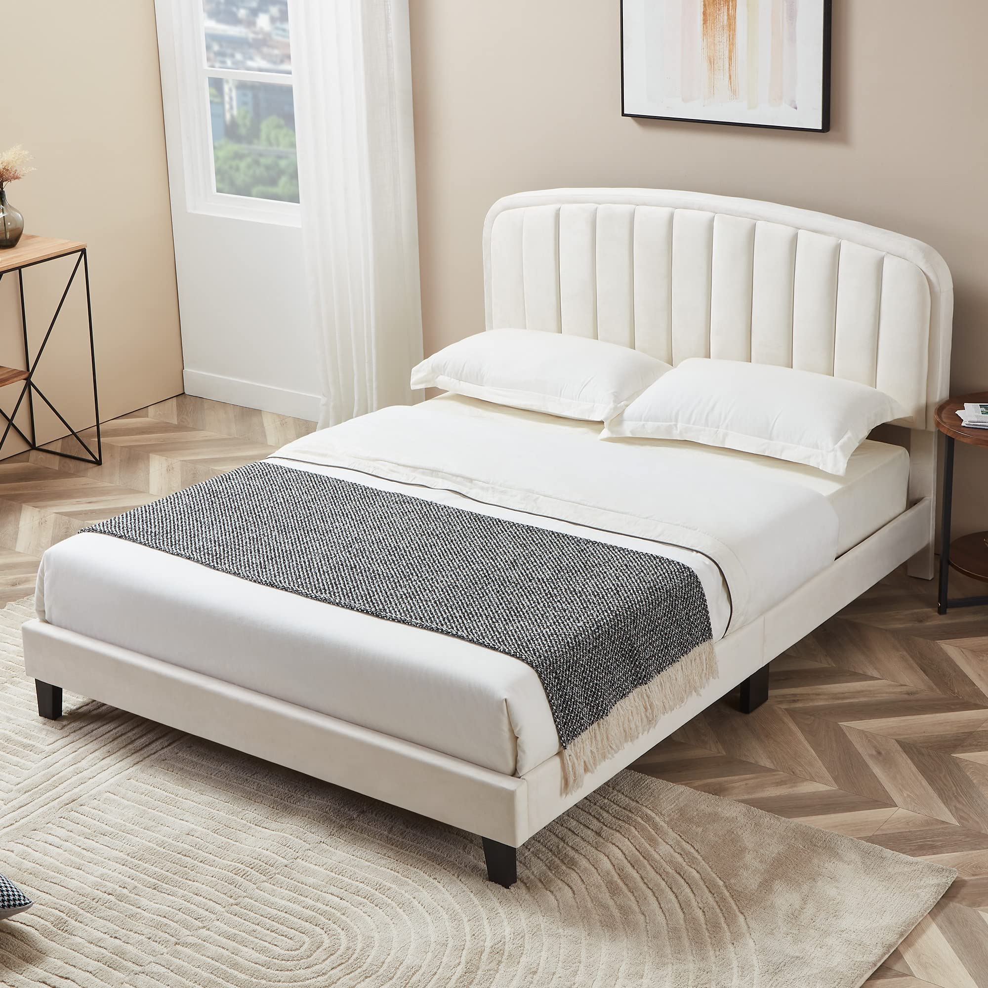 Cozy Castle Queen Size Bed Frame Upholstered Velvet Platform Bed with Adjustable Headboard, Wood Slat Support, No Box Spring Needed, Easy Assembly, White