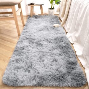 Maxsoft Runner Rug for Bedroom, 2x6 Feet Soft Shaggy Area Rugs Fluffy Carpet for Hallway Bedside, Upgrade Non-Slip Shag Plush Rug for Dorm Living Room, Tie-Dyed Light Grey