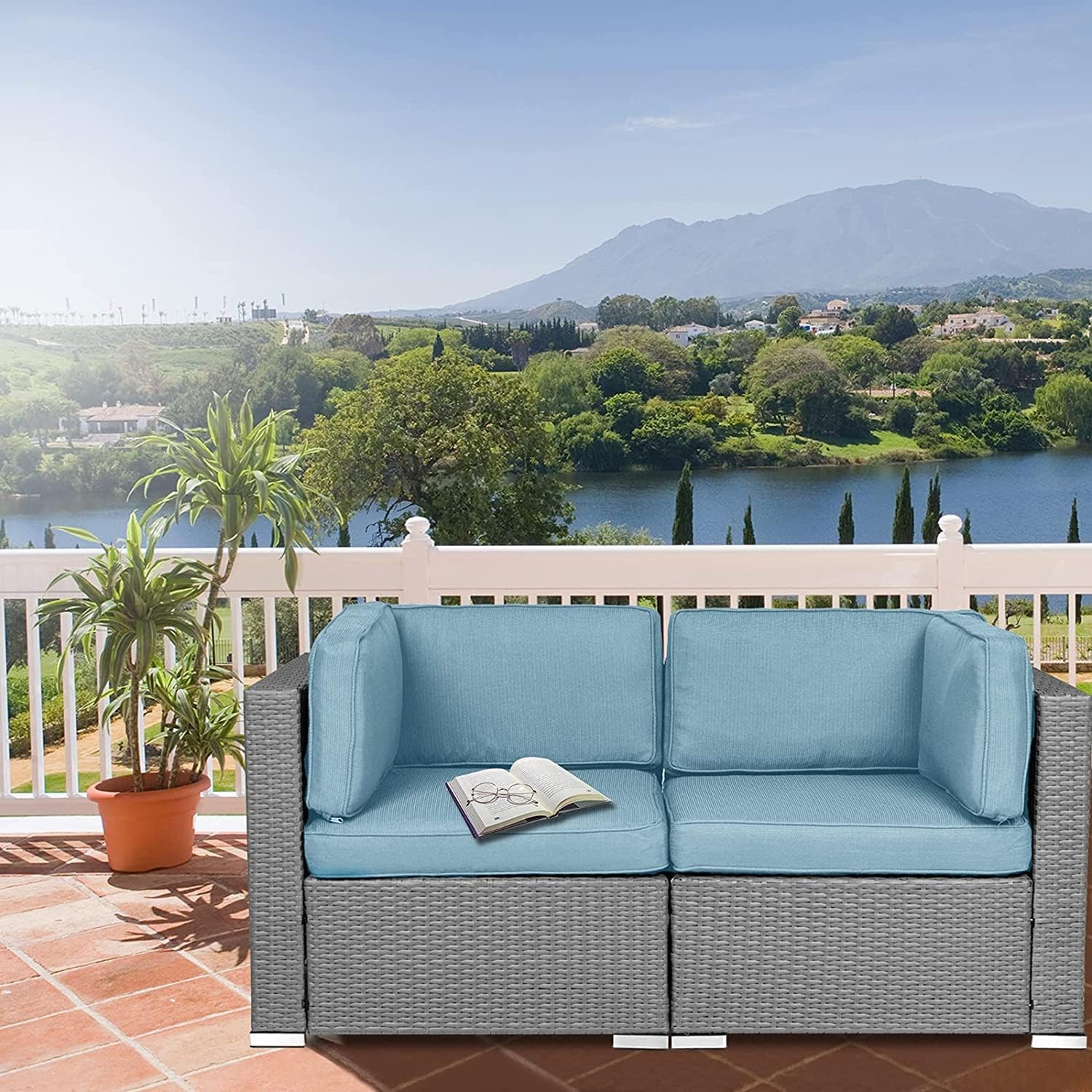 SUNCROWN 2-Piece Outdoor Patio Furniture Corner Sofa Set All-Weather Wicker Sectional Loveseats with Washable Cushions, Sky Blue