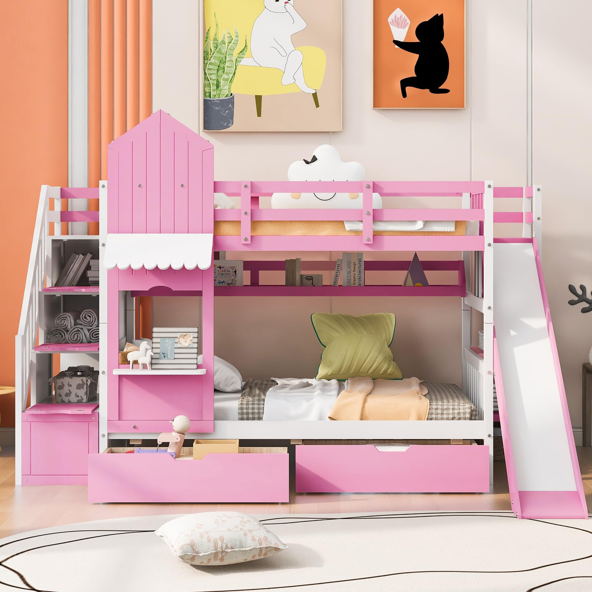 Bellemave Twin Over Twin Castle Bunk Bed with Slide & Storage Stairs, Wood Playhouse Bunk Beds Frame with Shelves & Drawers, Pink Princess Bunk Bed for Girls Boys Teens, No Box Spring Needed