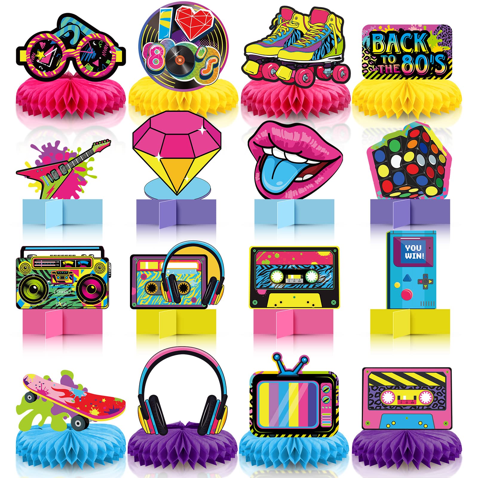 Pasimy 16 Pcs 80s Themed Honeycomb Centerpieces, 1980's Hip Hop Party Favors Retro Birthday party Table Toppers Centerpiece Photo Booth Props Decorations for Nostalgic Party Rock Hippie Party Supplies