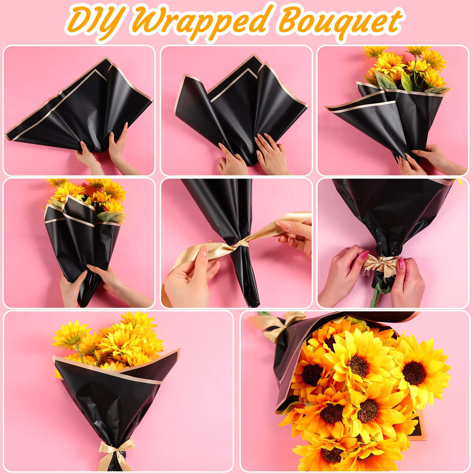 Yahenda 420 Sheet Black Flower Wrapping Paper Flower Bouquet Wrapping Paper Sheets with Gold Edge Korean Style Wrapping Paper for DIY Craft Gift Package Decoration Floral Supplies, 23 x 23 Inch