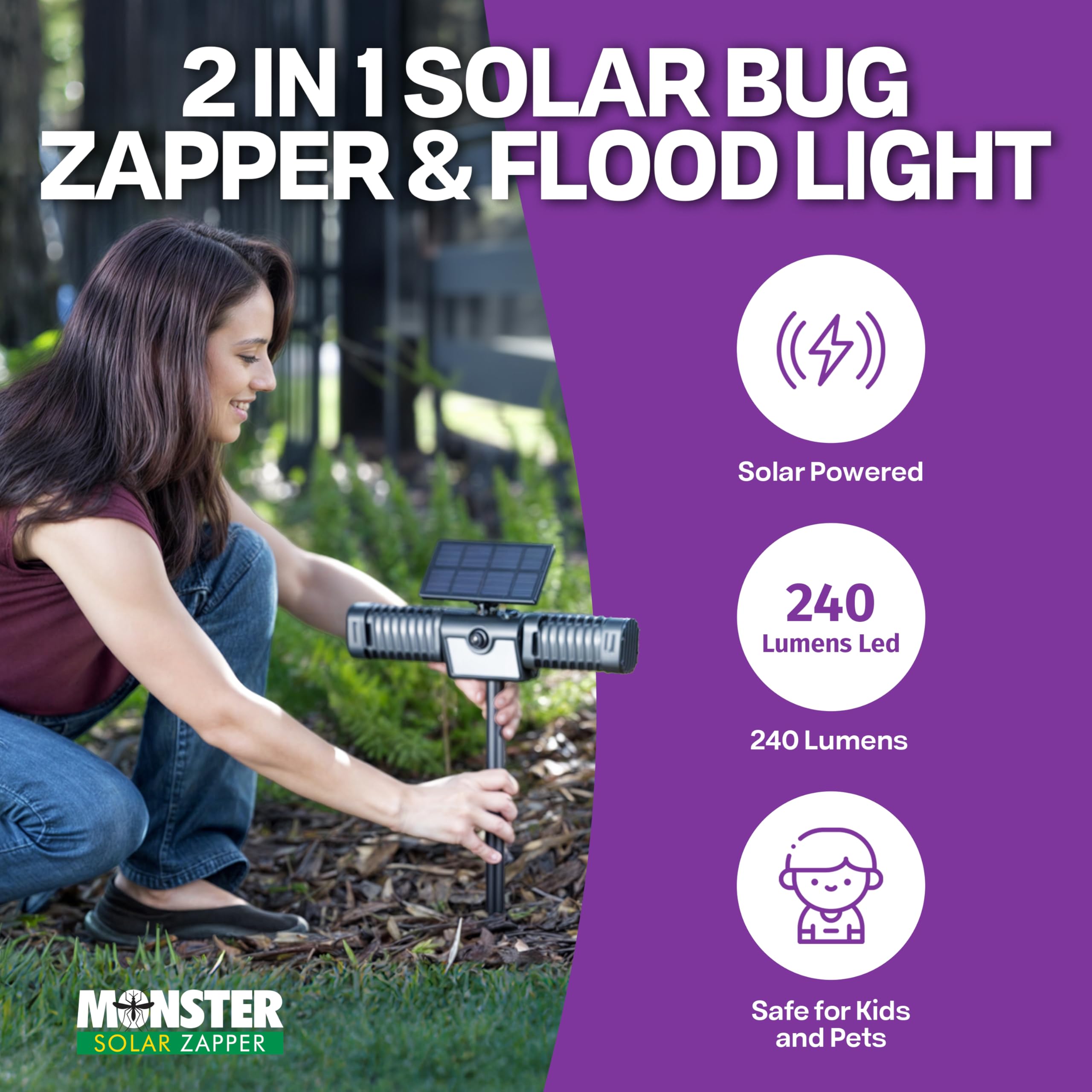 Monster Solar Bug Zapper Outdoor Waterproof, 2 in 1 Solar Powered Bug Zapper and Flood Light, Mosquito Zapper Outdoor for Fly, Bug, Mosquito and More, Motion Activated As Seen on Tv