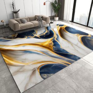 Blue Gold White Marble Area Rugs, Machine Washable Entrance Carpet, Living Room Carpet Fuzzy Plush Soft with Non-Slip Backing Apply to Office Family and Pet Farmhouse,5×8ft/150 * 240cm