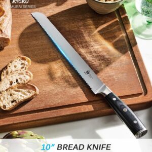 KYOKU 10" Serrated Bread Knife, Samurai Series Serrated Knife for Homemade Bread Pastries with Pakkawood Handle, Japanese High Carbon Steel Cake Knife, Full Tang Bread Cutting Knife with Sheath & Case