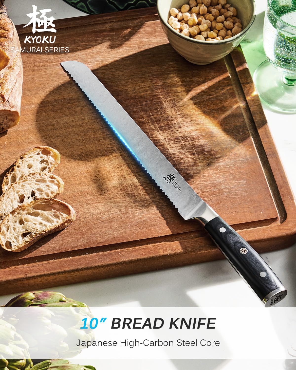 KYOKU 10" Serrated Bread Knife, Samurai Series Serrated Knife for Homemade Bread Pastries with Pakkawood Handle, Japanese High Carbon Steel Cake Knife, Full Tang Bread Cutting Knife with Sheath & Case