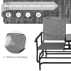 FANTASK 2 Person Outdoor Glider Bench w/Tempered Glass Table, Swing Patio Glider Chair with Steel Frame & Breathable Seat, Double Rocking Chair for Porch, Poolside, Patio, Garden (Grey)