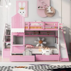 Kids Bunk Bed with Stairs and Slide, Wood Full Over Full Bunk Bed with Storage Drawers and Shelves, Castle Style Bunk Beds for Kids Teens Girls Boys, Pink