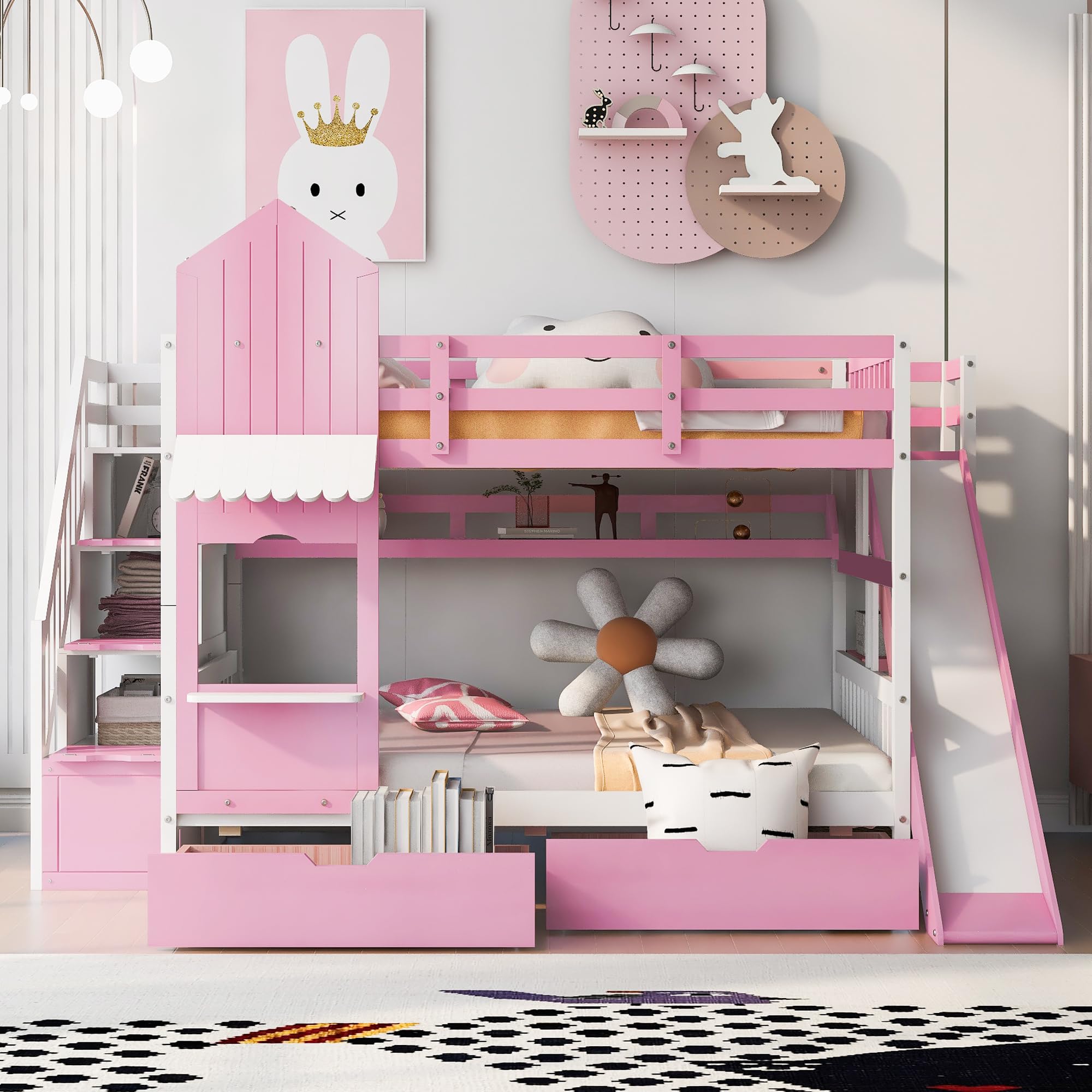 Harper & Bright Designs Full Over Full Bunk Bed with Stairs and Slide, Solid Wood Bunk Bed Frame with Storage Drawers and Bookshelf, for Kids Teens Girls Boys (Pink)