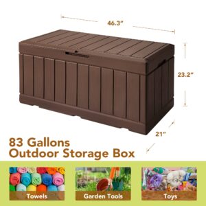 GUNJI 83 Gallon Storage Box Outdoor Waterproof Large Resin Deck Box Patio Storage Bench Lockable Storage Container for Outdoor Cushions, Garden Tools and Pool Supplies (Brown)