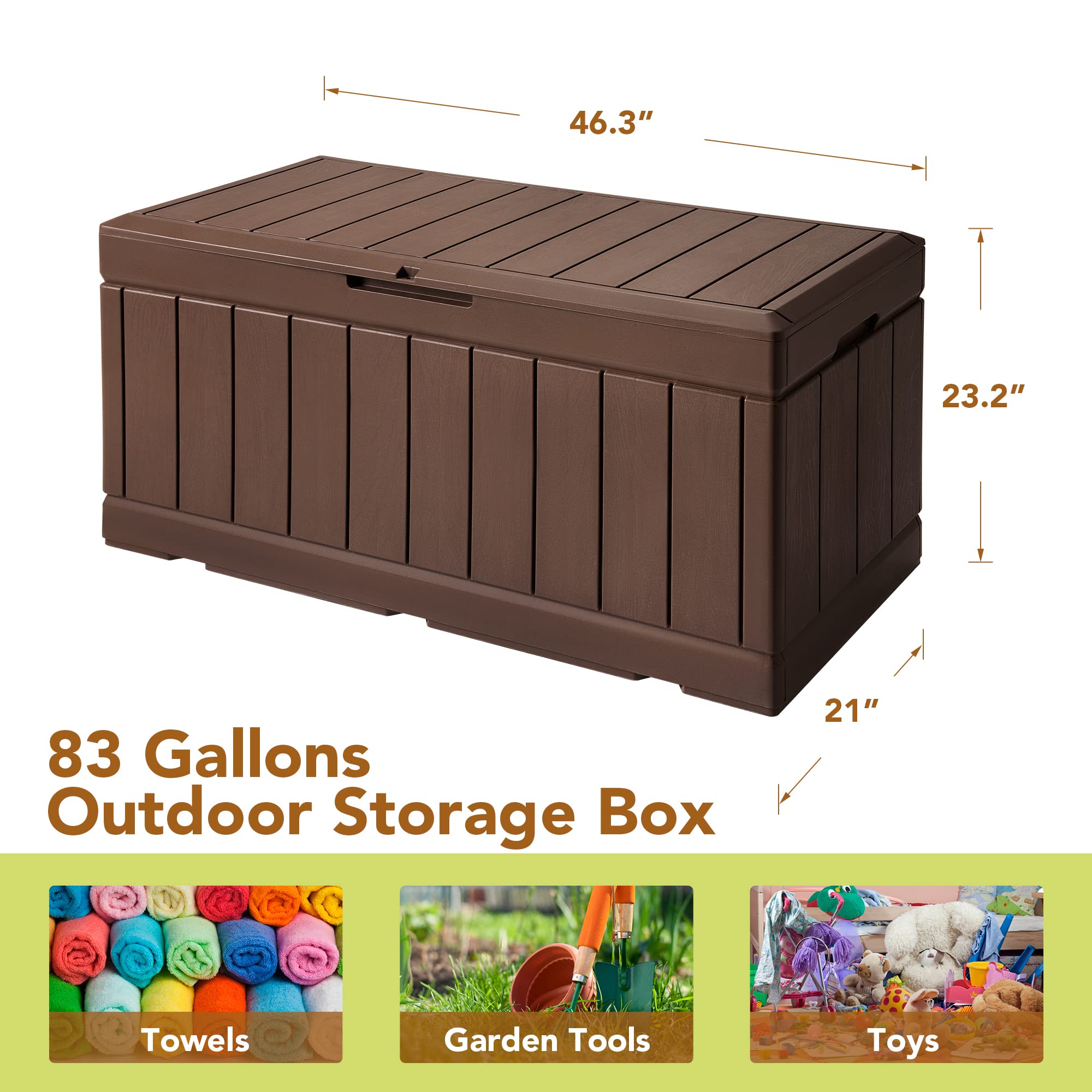 GUNJI 83 Gallon Storage Box Outdoor Waterproof Large Resin Deck Box Patio Storage Bench Lockable Storage Container for Outdoor Cushions, Garden Tools and Pool Supplies (Brown)