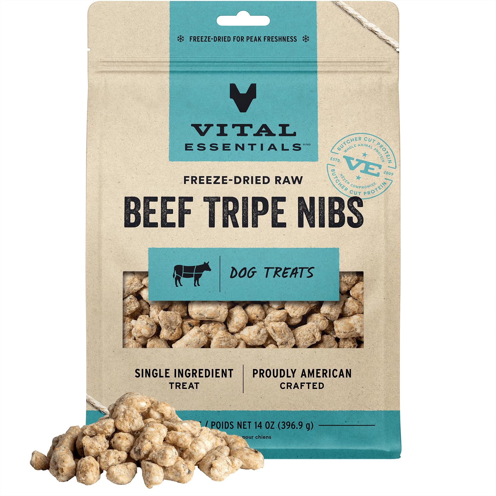 Vital Essentials Freeze Dried Raw Single Protein Dog Treats, Beef Tripe Nibs, 14 oz | Premium Quality High Protein Training Treats | Grain Free, Gluten Free, Filler Free