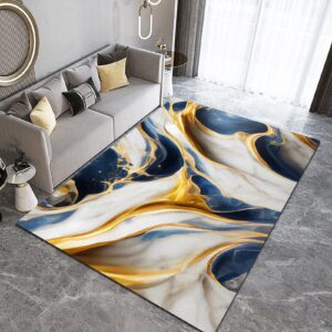 Blue Gold White Marble Area Rugs, Machine Washable Entrance Carpet, Living Room Carpet Fuzzy Plush Soft with Non-Slip Backing Apply to Office Family and Pet Farmhouse,5×8ft/150 * 240cm