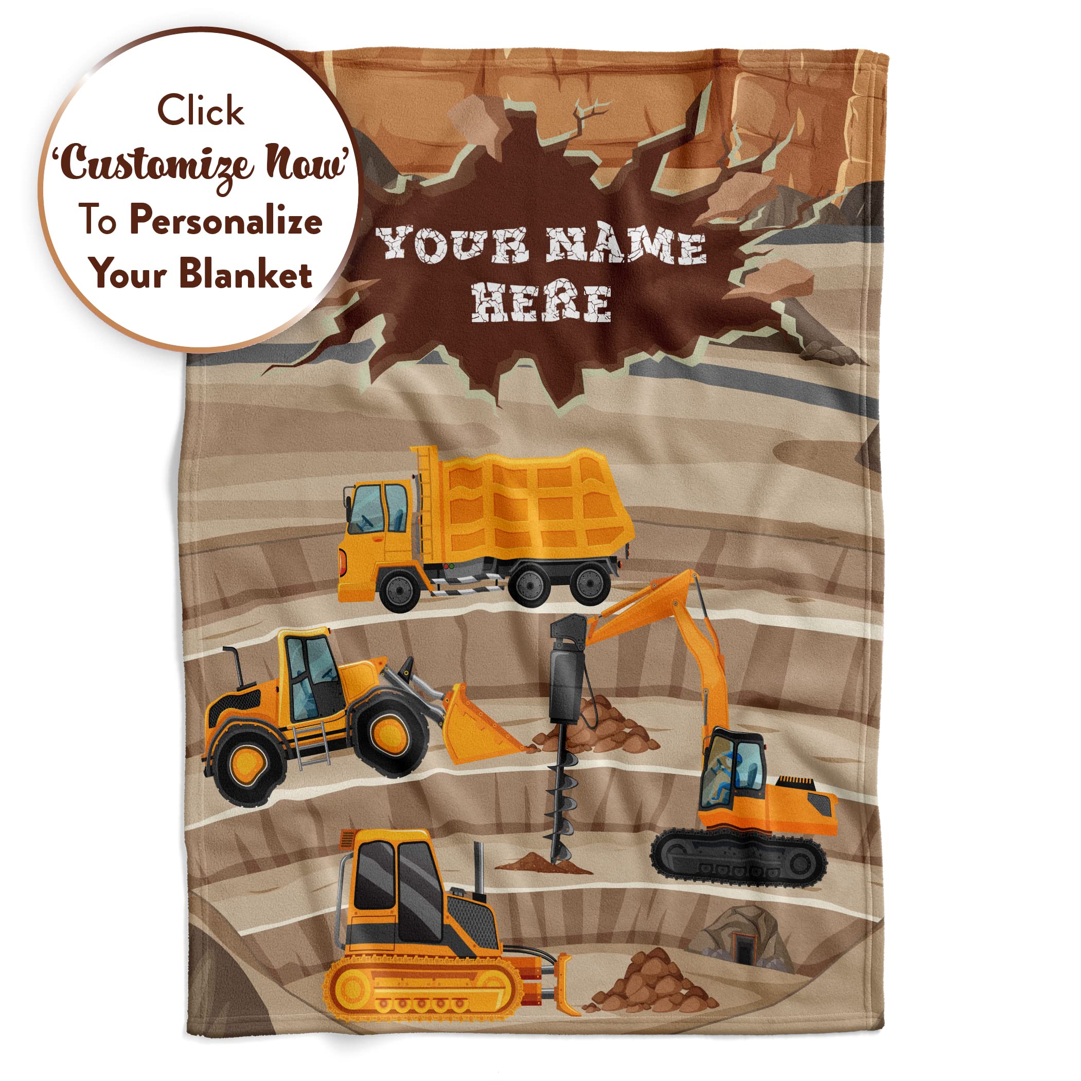 Personalized Blanket for Kids | Construction Truck Blanket | Fleece Throw for Boys and Girls | Kids & Toddlers | Tonka Bulldozer Dump Truck Loader Excavators (50x60 Fleece, V4)