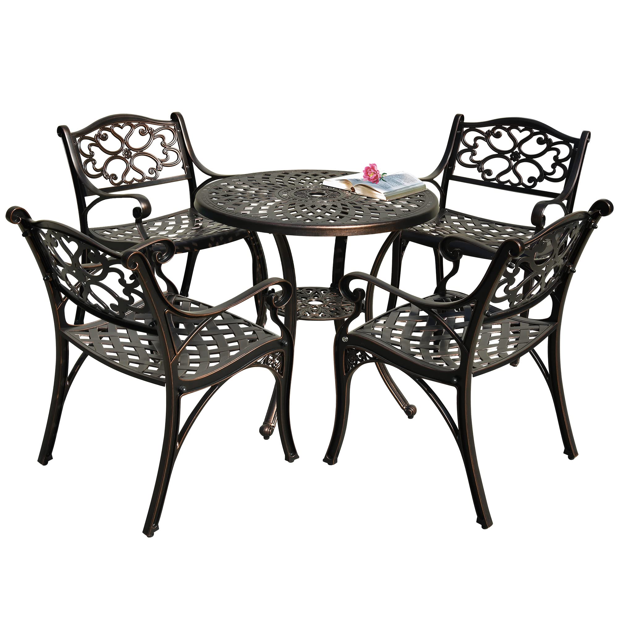 DWVO 5 Piece Outdoor Furniture Cast Aluminum Patio Dining Sets, All-Weather Patio Bistro Sets with 4 Chairs, 30 Inches Round Table with Umbrella Hole, Adjustable Feet for Balcony Backyard Deck Garden