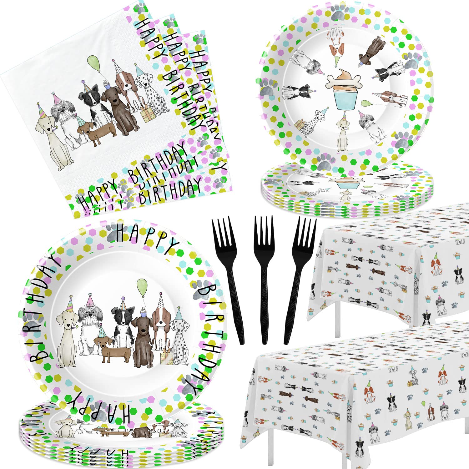 Xigejob Puppy Dog Birthday Plates And Napkins Party Supplies - Dog Party Decorations Tableware, Plate, Napkin, Tablecloth, Forks, Puppy Dog Theme Birthday Baby Shower Decorations Dinnerware | Serve 24