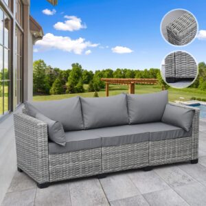 Rattaner Outdoor Furniture Outdoor Couch Grey Wicker Patio Furniture 3-seat Sofa Deep Seat Hight Backrest with Waterproof Cover and Anti-Slip Cushions, Grey