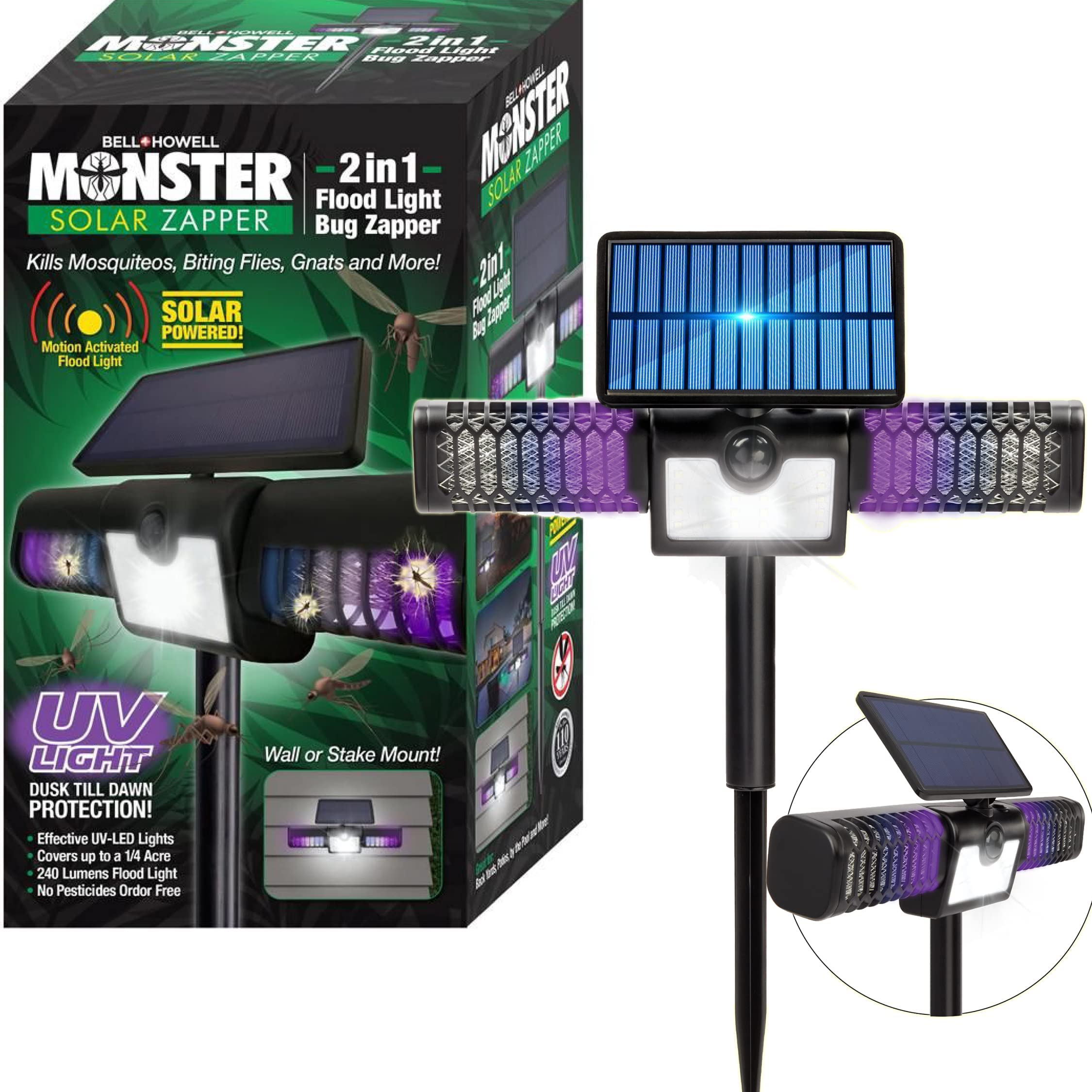 Monster Solar Bug Zapper Outdoor Waterproof, 2 in 1 Solar Powered Bug Zapper and Flood Light, Mosquito Zapper Outdoor for Fly, Bug, Mosquito and More, Motion Activated As Seen on Tv