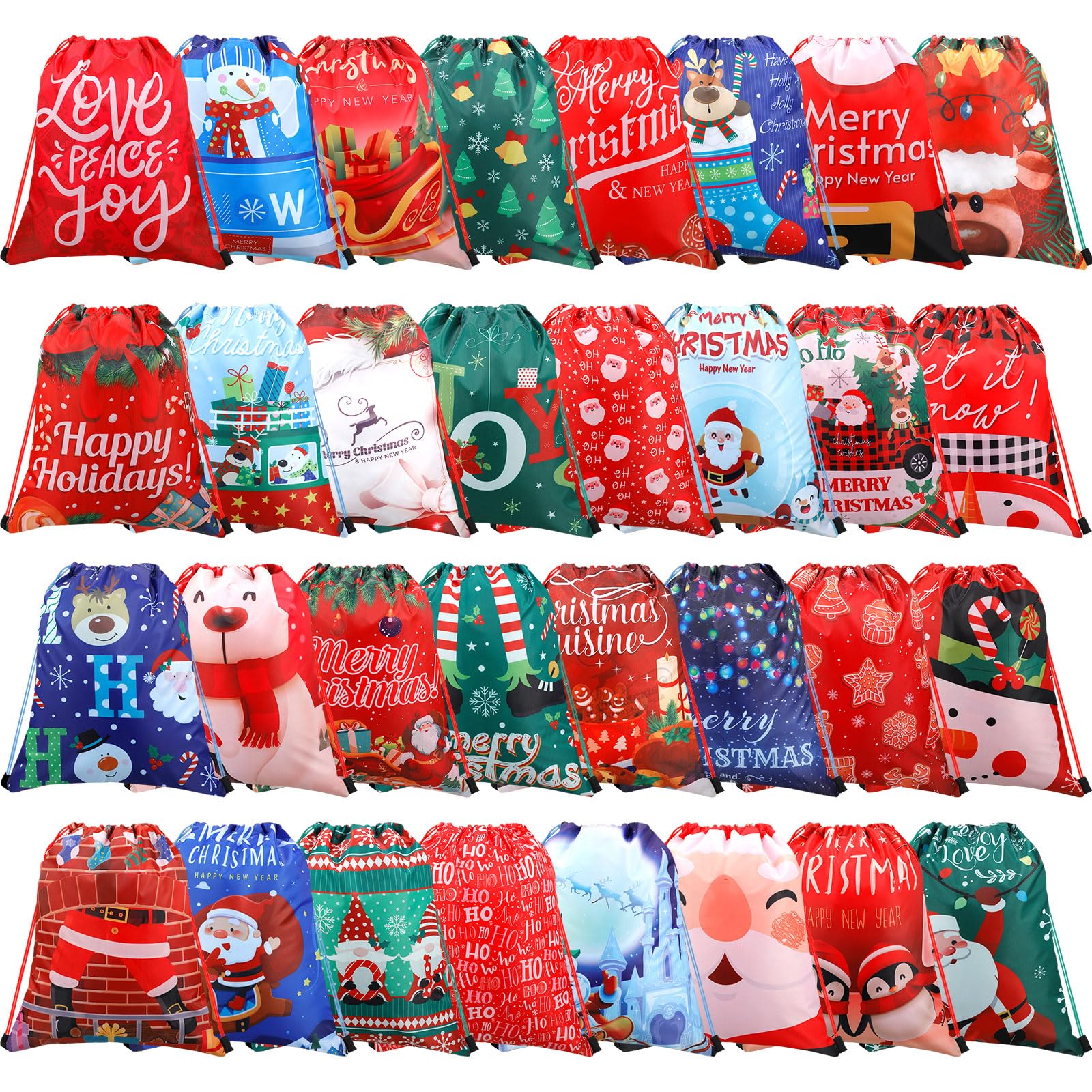 Buryeah 32 Pieces Christmas Drawstring Gift Bags 13.7 x 11.8'' Santa Treat Bag Assorted Styles Wrapping Bag Reusable Xmas Snowman Tree Christmas Bags Bulk for Kids Holiday Party Favor Supplies Gifts