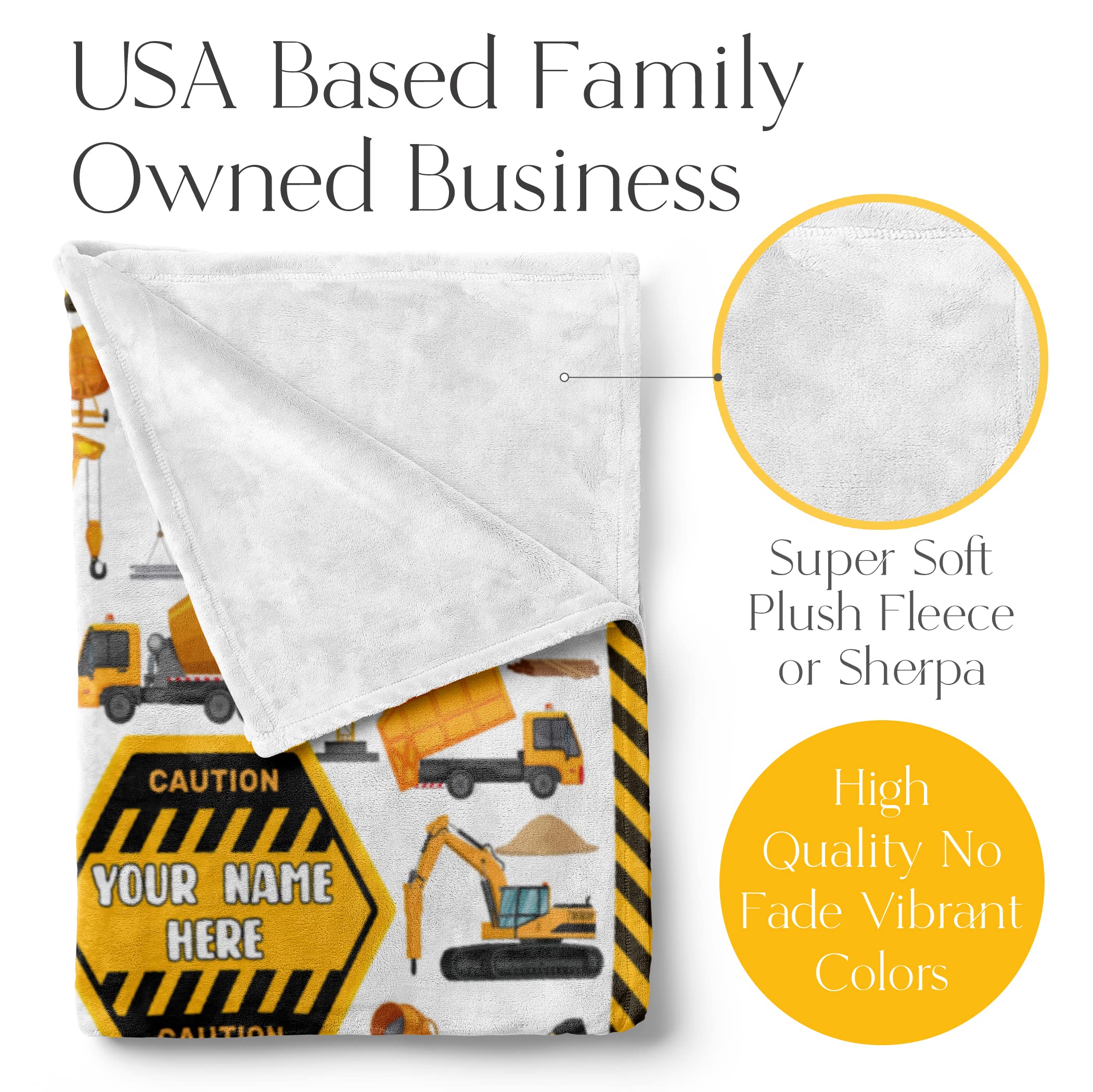 Personalized Truck Blanket - Made in USA and Shipped Next Day - Soft Fleece Construction Excavator Design for Kids & Adults, Toddler Bed or Sofa Throw (50x60 Fleece)