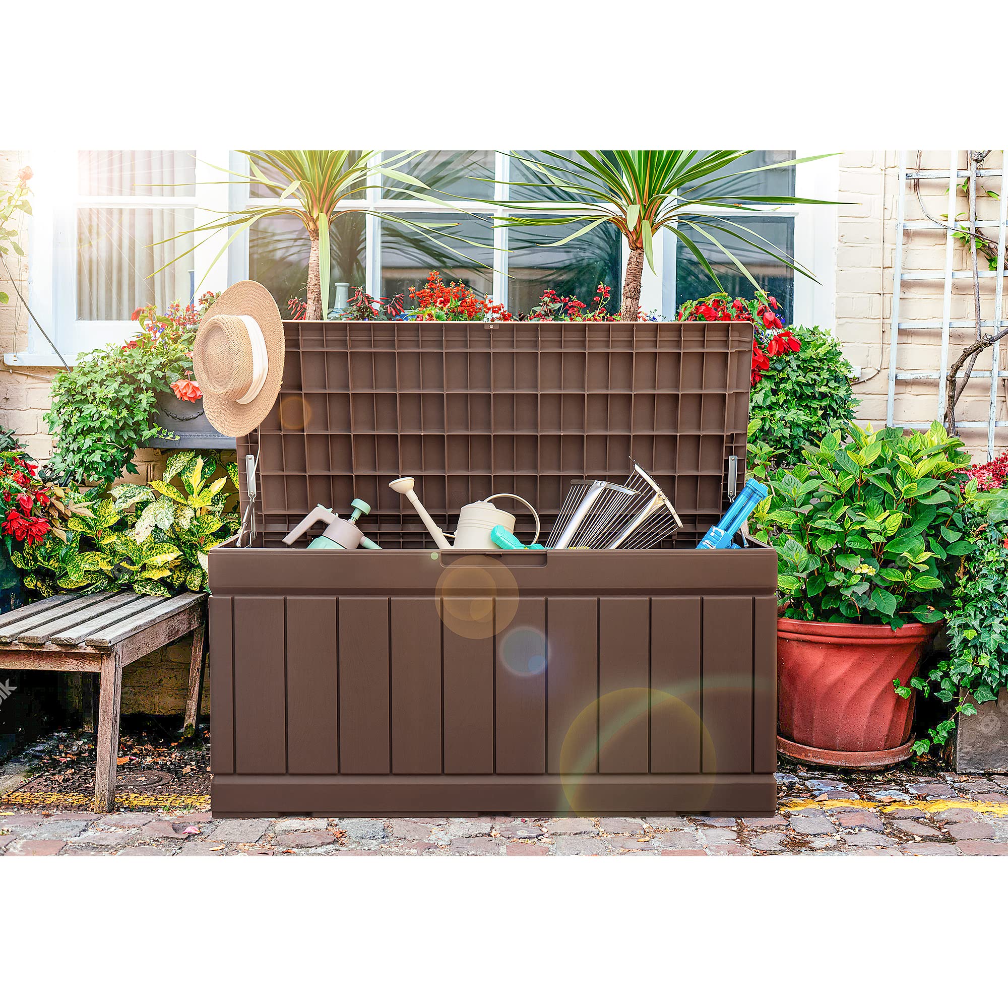 GUNJI 83 Gallon Storage Box Outdoor Waterproof Large Resin Deck Box Patio Storage Bench Lockable Storage Container for Outdoor Cushions, Garden Tools and Pool Supplies (Brown)