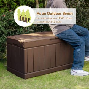 GUNJI 83 Gallon Storage Box Outdoor Waterproof Large Resin Deck Box Patio Storage Bench Lockable Storage Container for Outdoor Cushions, Garden Tools and Pool Supplies (Brown)