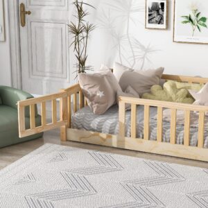 Twin Size Floor Bed Frame for Kids Wood Montessori Floor Beds with Fence Railings & Support Slats, Twin Playhouse Bed for Boys Girls, No Box Spring Needed, Natural