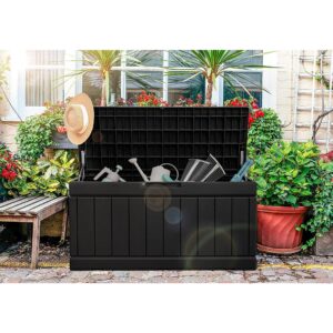 GUNJI 83 Gallon Storage Box Outdoor Waterproof Large Resin Deck Box Patio Storage Bench Lockable Storage Container for Outdoor Cushions, Garden Tools and Pool Supplies (Black)