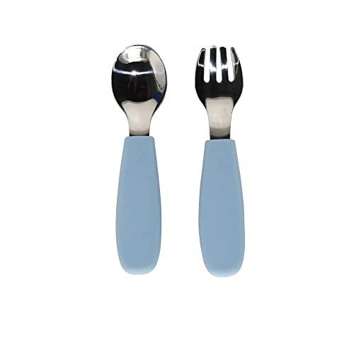 nouka Toddler Cutlery Set | 100% Food-Grade Silicone & Stainless Steel | Comes With A Soft & Comfortable Grip | Safe With Smooth Edge Design | Dishwasher Friendly | Lily Blue