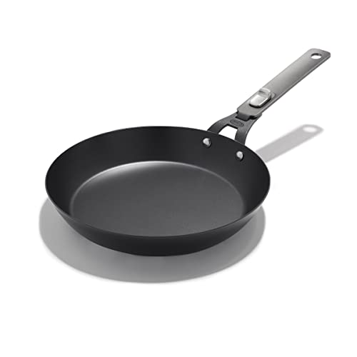 OXO Outdoor Pre-Seasoned Carbon Steel 8" Frying Pan Skillet, Detachable Handle for Easy Storage, Indoor Use, Nonstick with Use, Induction Suitable, Oven & Broiler Safe,Browning, Grill,Sear,Saute,Black