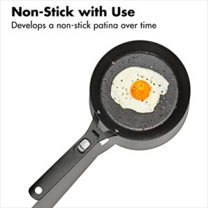 OXO Outdoor Pre-Seasoned Carbon Steel 8" Frying Pan Skillet, Detachable Handle for Easy Storage, Indoor Use, Nonstick with Use, Induction Suitable, Oven & Broiler Safe,Browning, Grill,Sear,Saute,Black