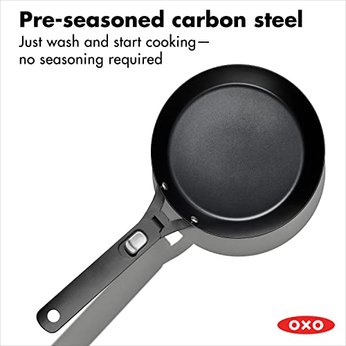 OXO Outdoor Pre-Seasoned Carbon Steel 8" Frying Pan Skillet, Detachable Handle for Easy Storage, Indoor Use, Nonstick with Use, Induction Suitable, Oven & Broiler Safe,Browning, Grill,Sear,Saute,Black