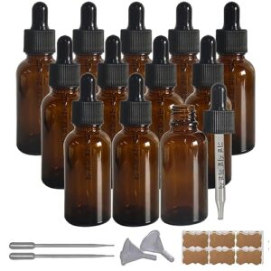 begiket 12 pack 1oz amber glass dropper bottles 1oz tincture bottle with eye droppers 30ml dropper bottles for essential oils,leak proof travel bottles-2 funnels & 2 long pipettes and 12 labels